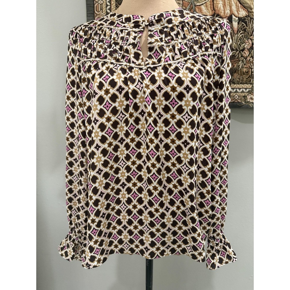 Loft Blouse Womens Small Multicolor Geometric Pleated Long Sleeve Top Round Neck